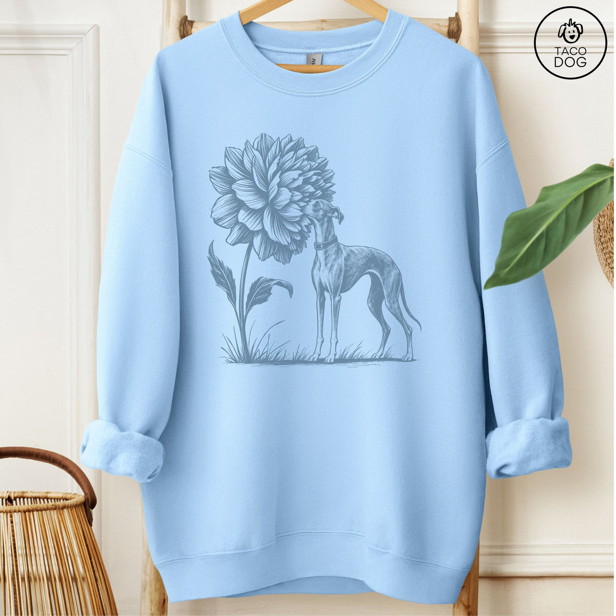 Italian Greyhound Whippet Smell The Flowers Sweatshirt Light Blue Taco-Dog