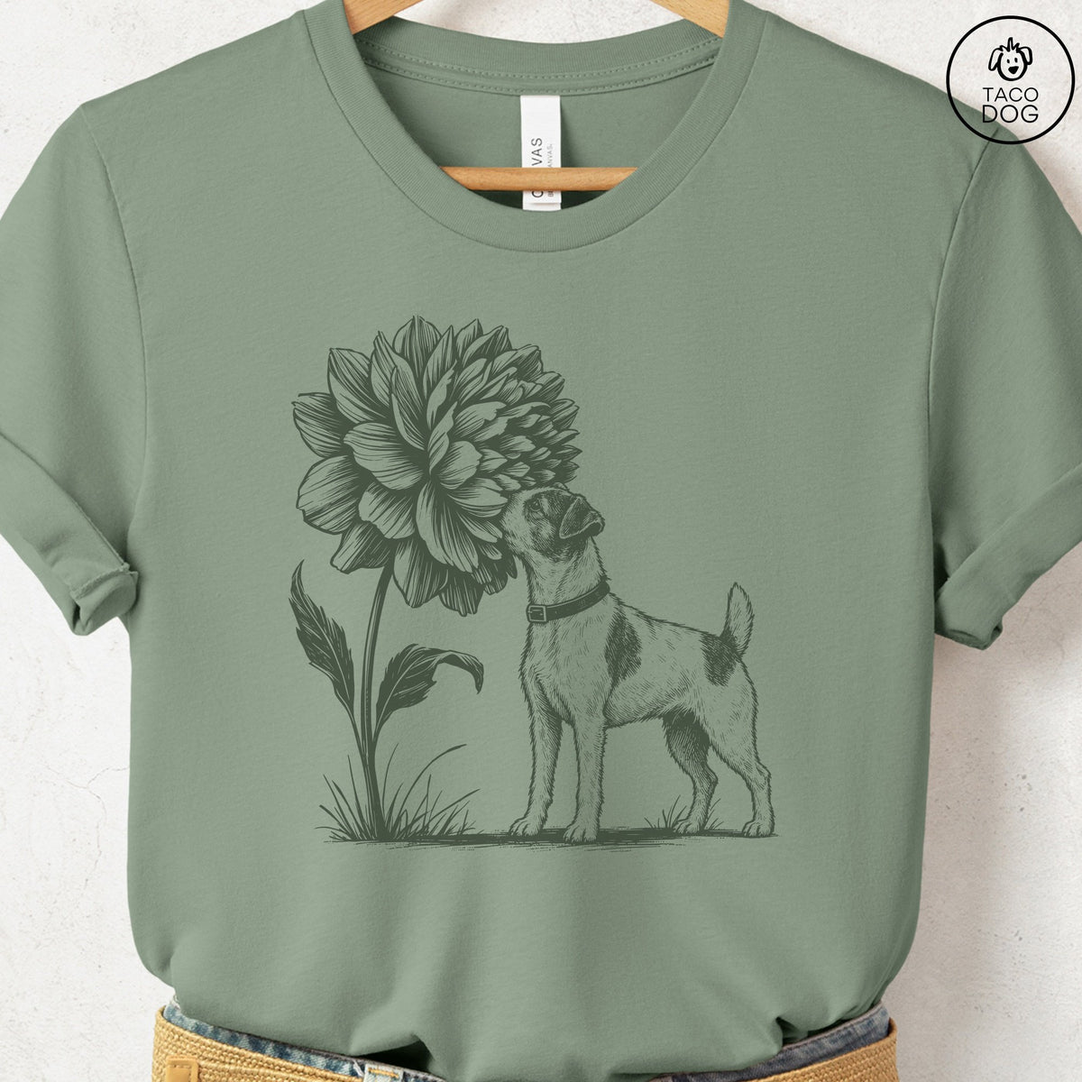 Jack Russell Smell The Flowers T-Shirt Sage Taco-Dog