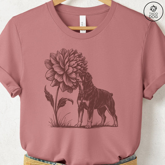Rottweiler Smell The Flowers T-Shirt Heather Mauve Taco-Dog