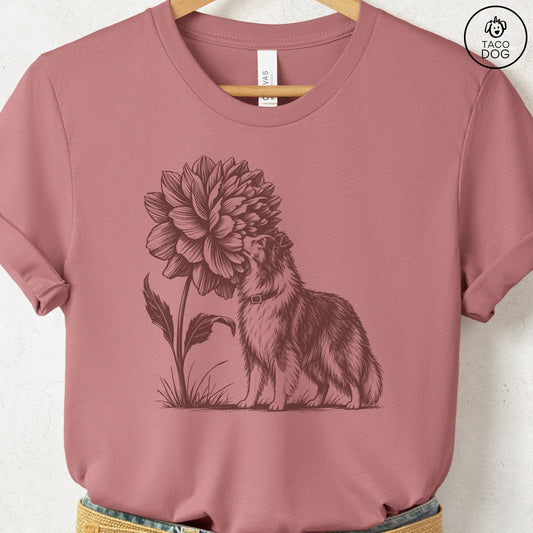Shetland Sheepdog Smell The Flowers T-Shirt Heather Mauve Taco-Dog