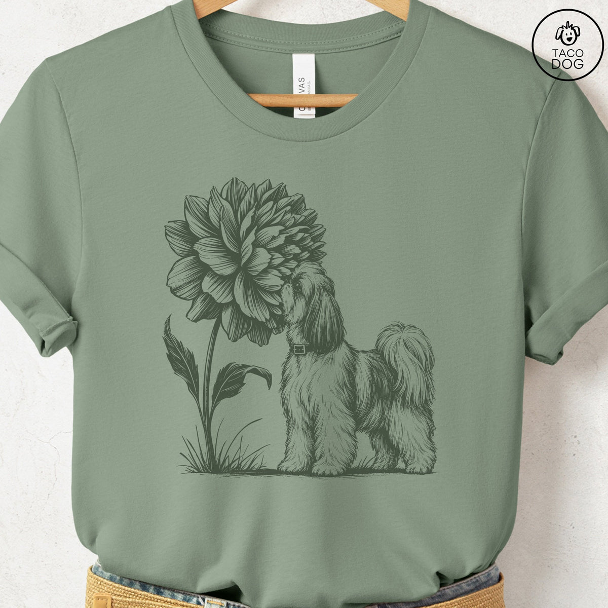 Shih Tzu Smell The Flowers T-Shirt Sage Taco-Dog