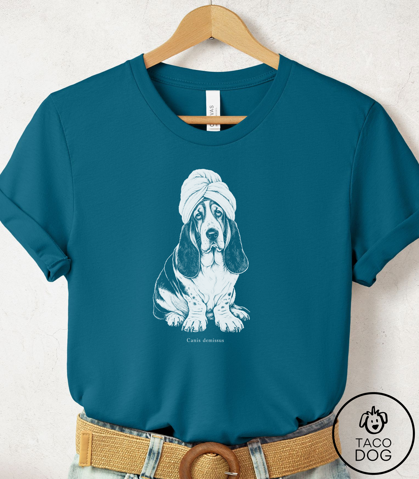 Basset Hound Spa Day Cyanotype Tee Deep Teal Taco-Dog