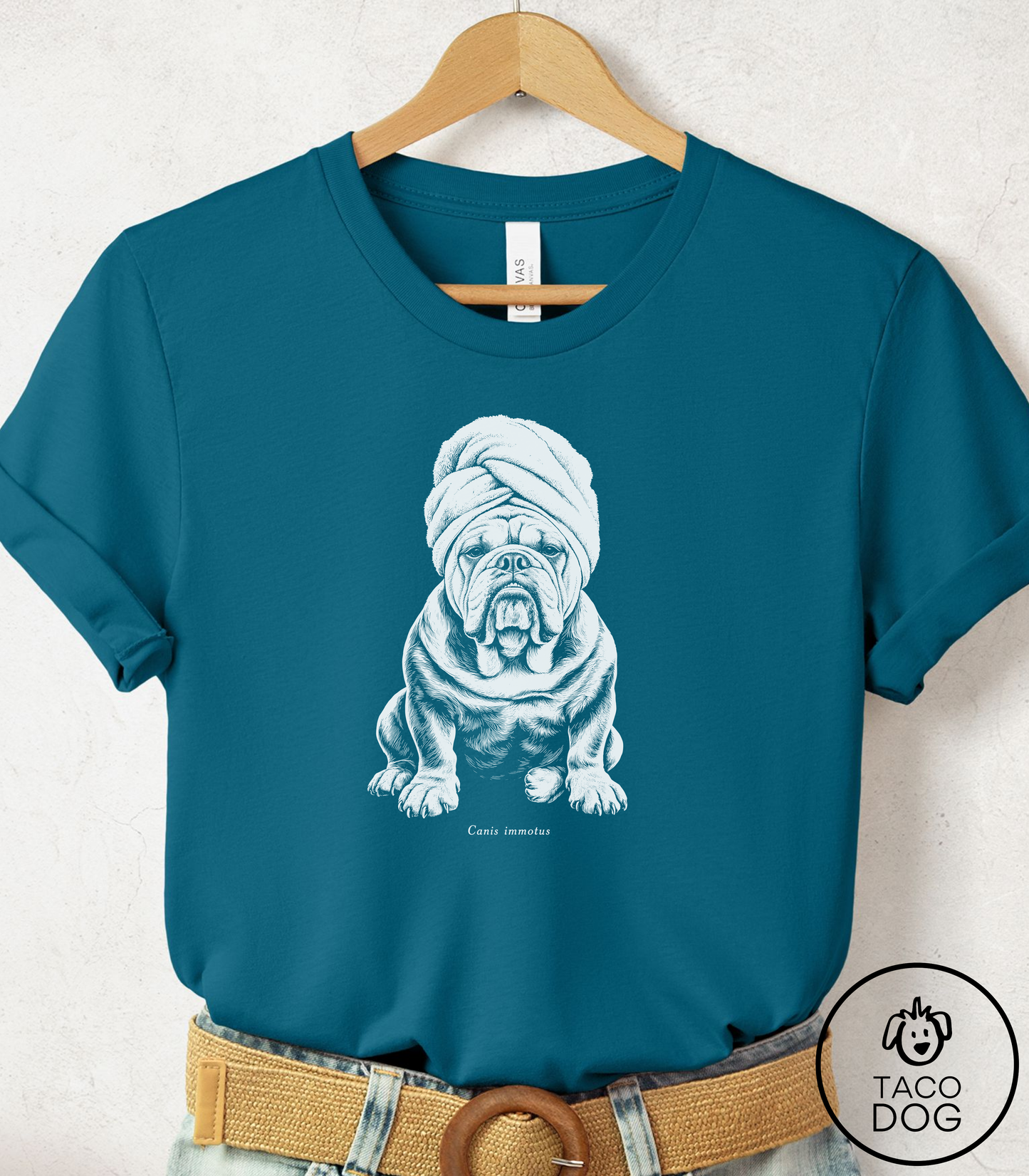 English Bulldog Spa Day Cyanotype Tee Deep Teal Taco-Dog