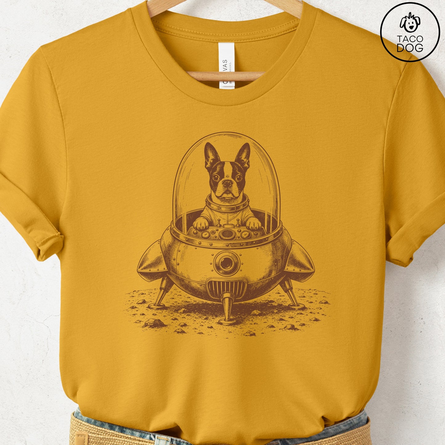 Boston Terrier Space T-Shirt Mustard Taco-Dog