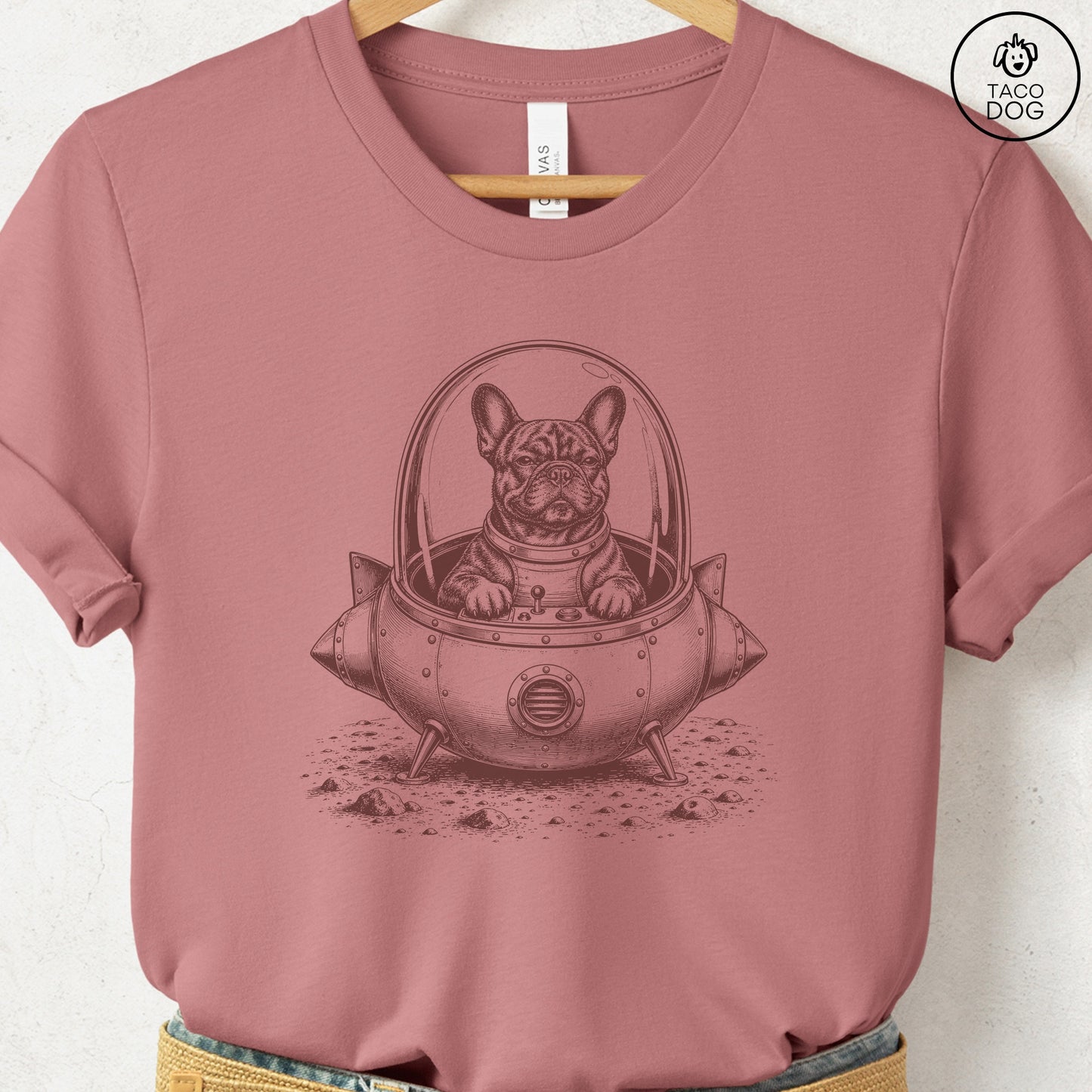 French Bulldog Frenchie Space T-Shirt Heather Mauve Taco-Dog