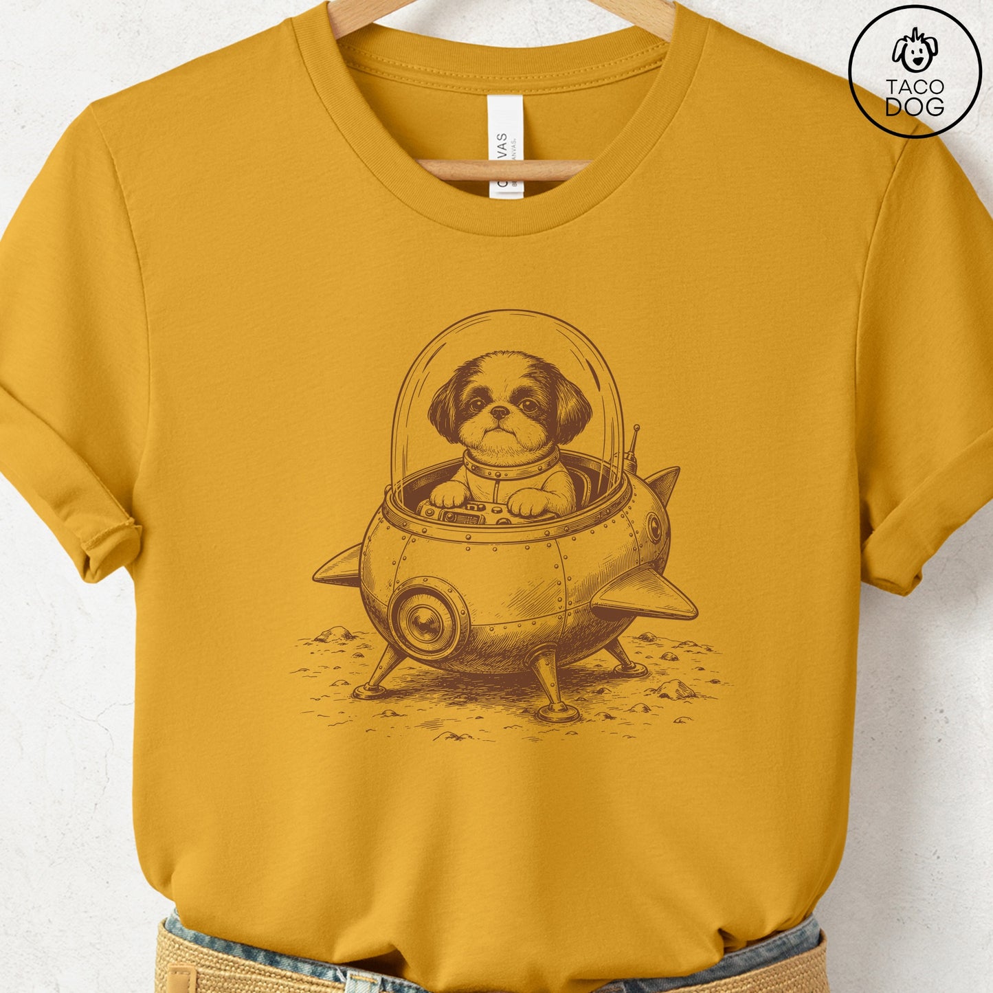 Shih Tzu Space T-Shirt Mustard Taco-Dog