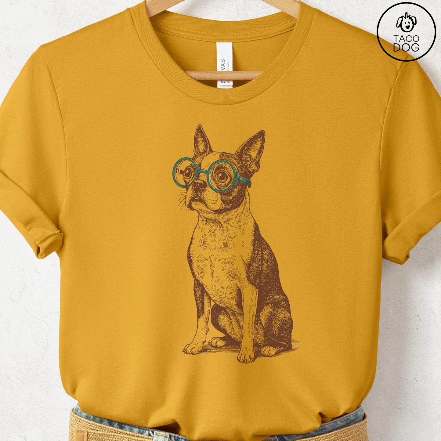 Boston Terrier Spectacles T-Shirt Mustard S Taco-Dog
