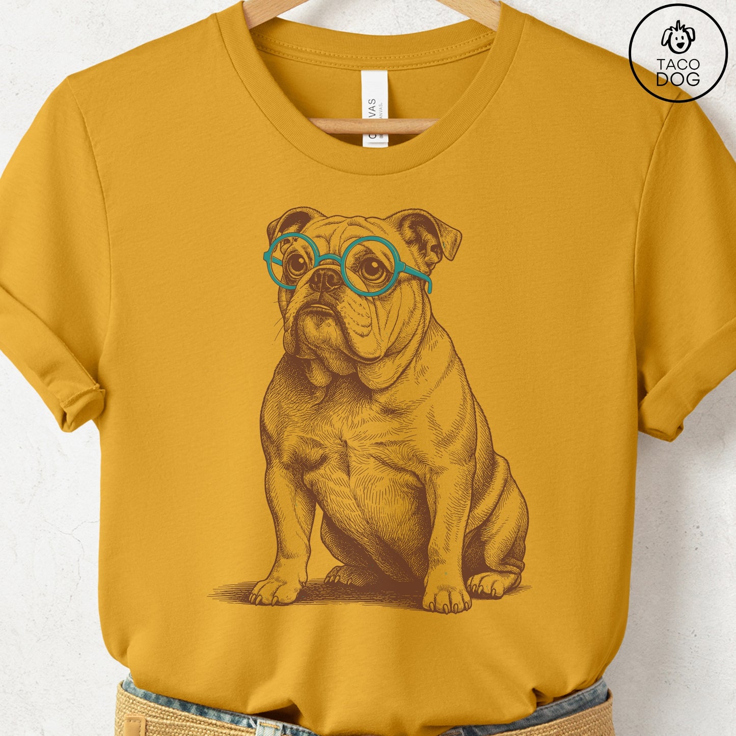 English Bulldog Spectacles T-Shirt Mustard S Taco-Dog