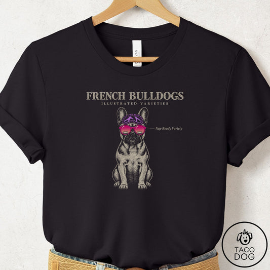 French Bulldog Frenchie Sunglasses Field Guide T-Shirt Black Taco-Dog