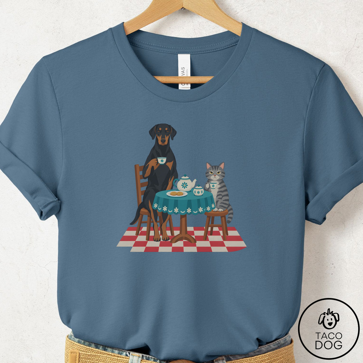 Doberman Tea With The Enemy T-Shirt Steel Blue Taco-Dog