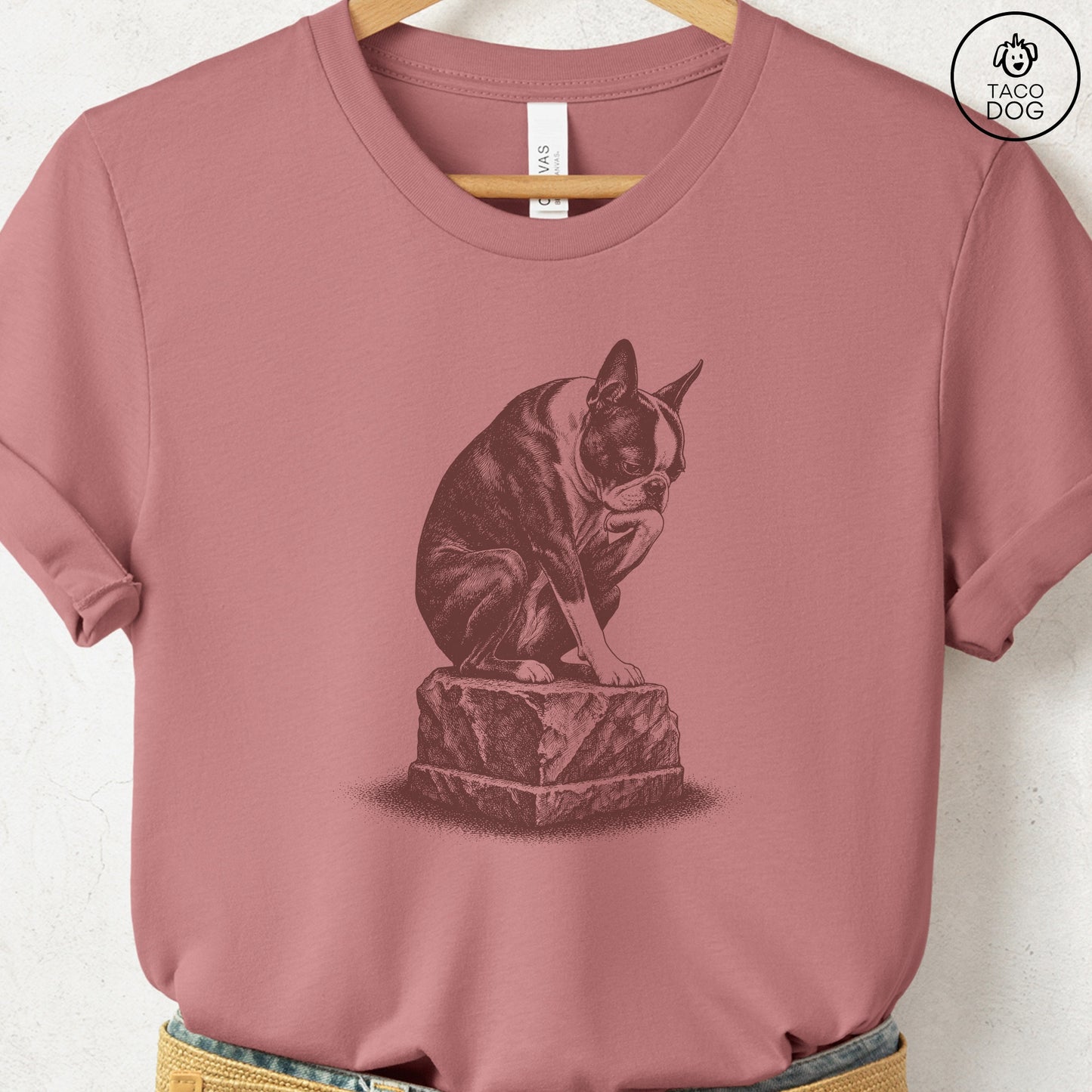 Boston Terrier Thinker T-Shirt Heather Mauve Taco-Dog