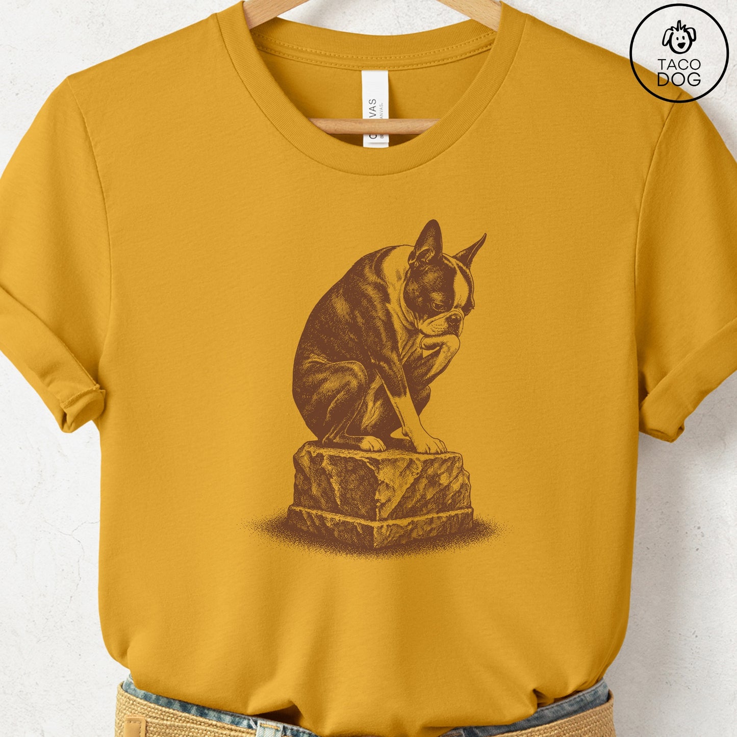 Boston Terrier Thinker T-Shirt Mustard S Taco-Dog