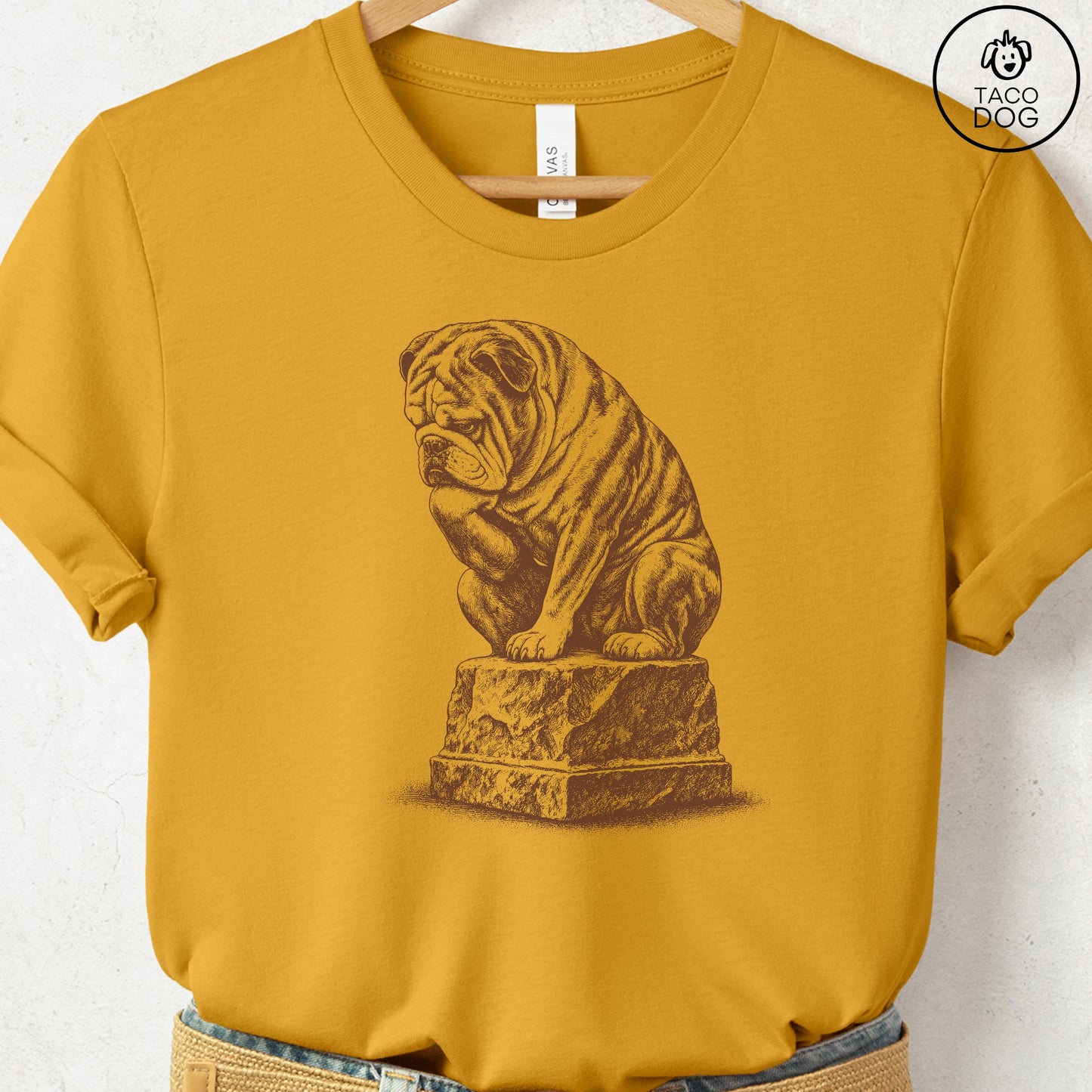 English Bulldog Thinker T-Shirt Mustard S Taco-Dog