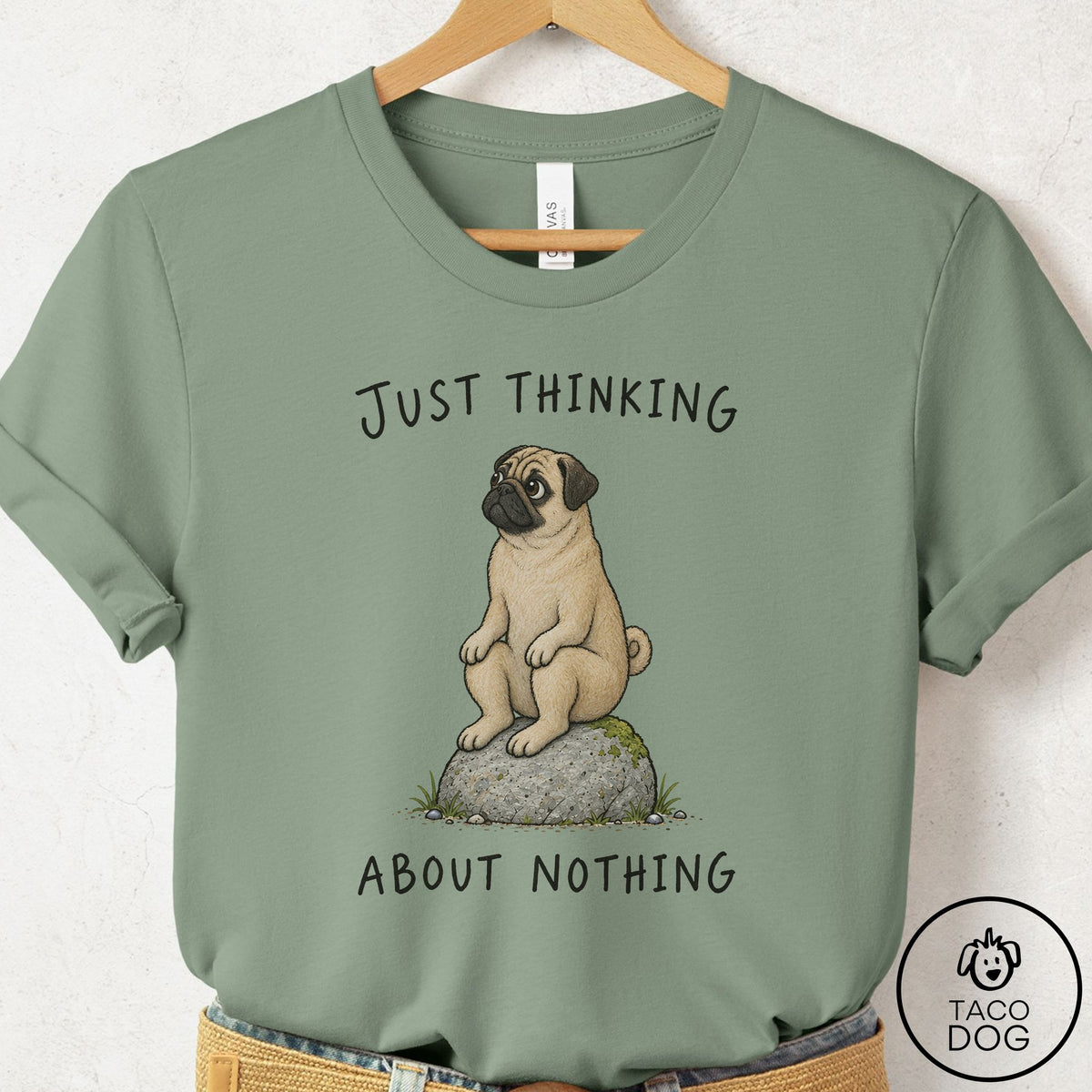 Pug Thinking Nothing Rock T-Shirt Sage Taco-Dog