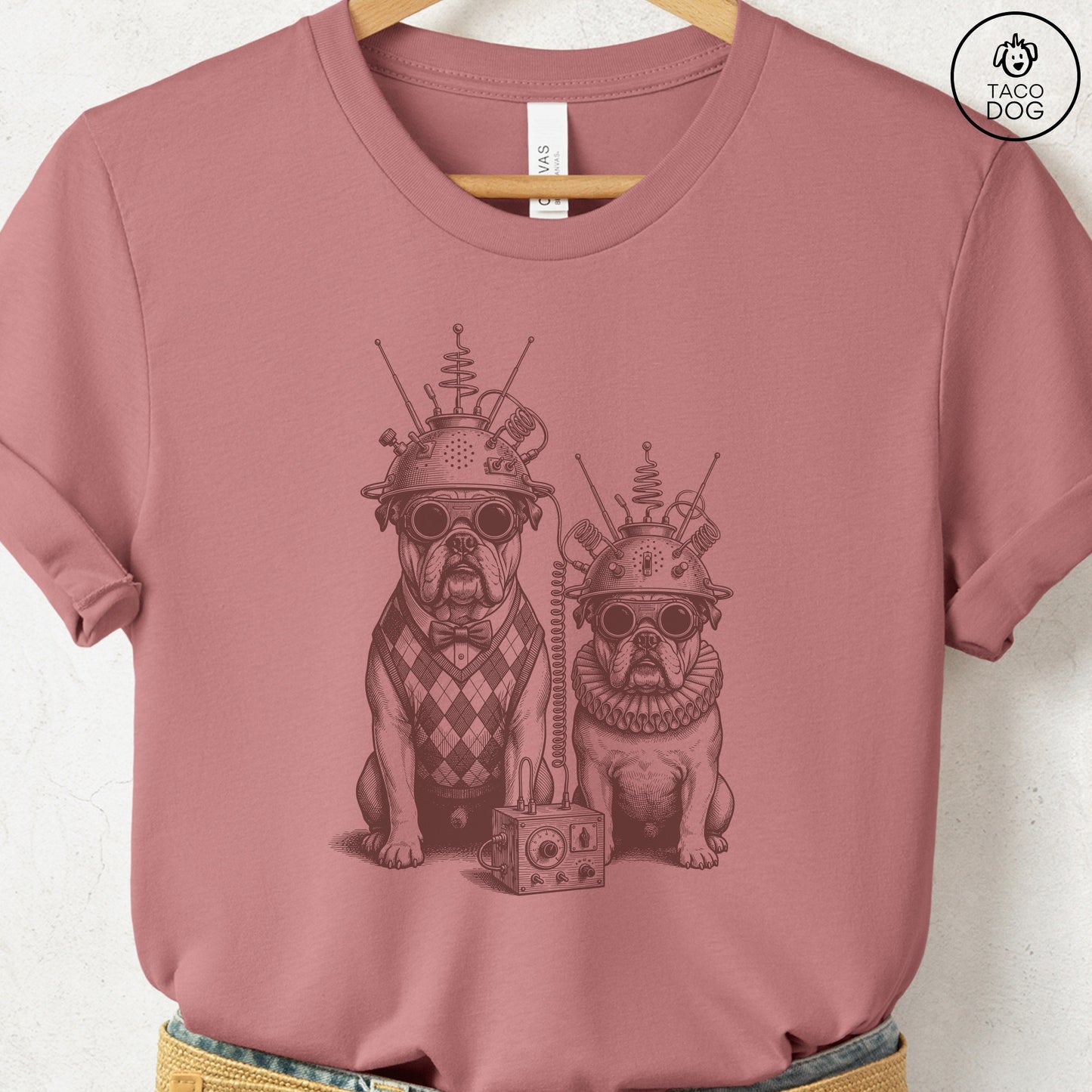 English Bulldog Tin Hat T-Shirt Heather Mauve S Taco-Dog