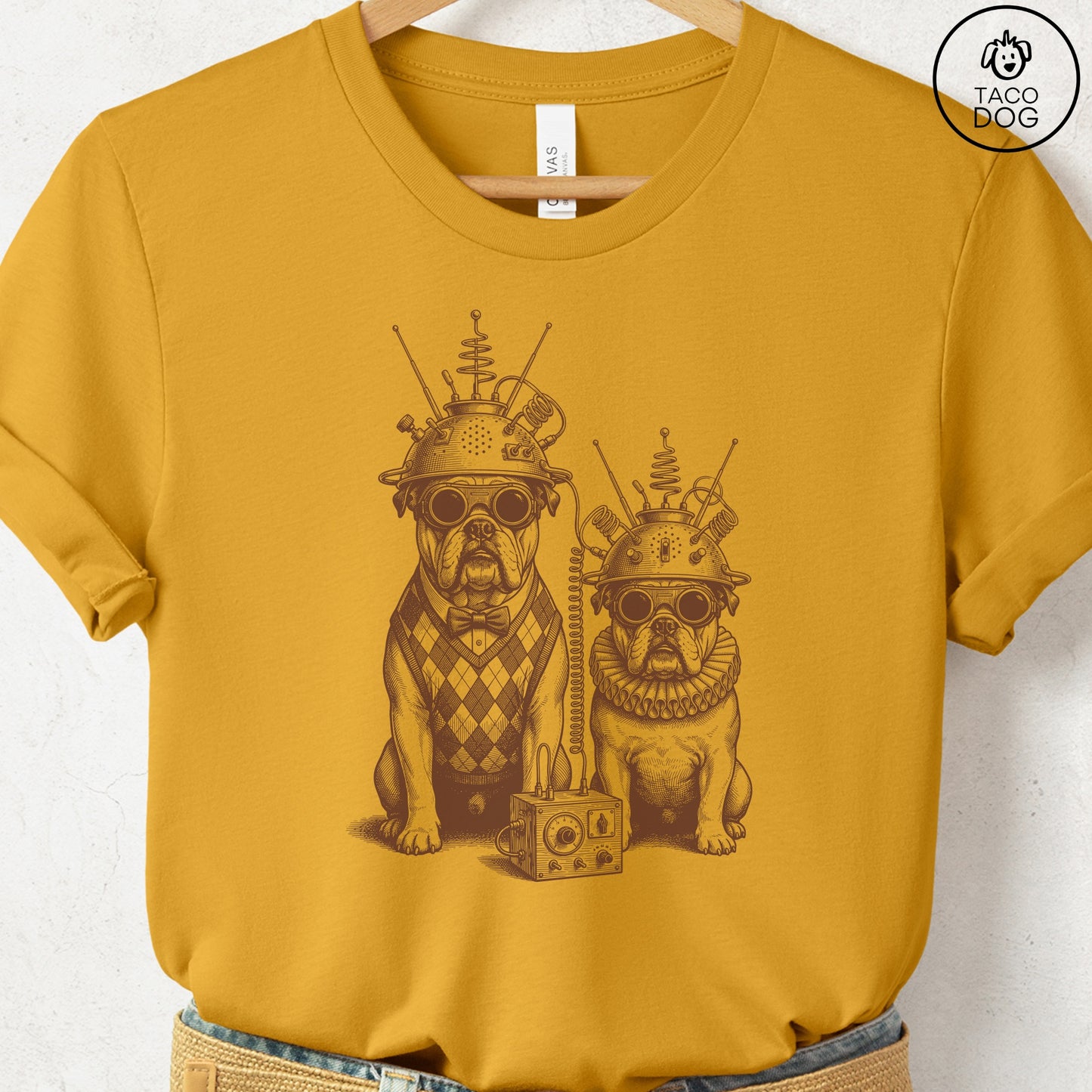 English Bulldog Tin Hat T-Shirt Mustard S Taco-Dog