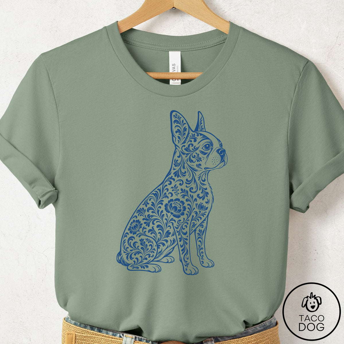 Boston Terrier Toile T-Shirt Sage Taco-Dog