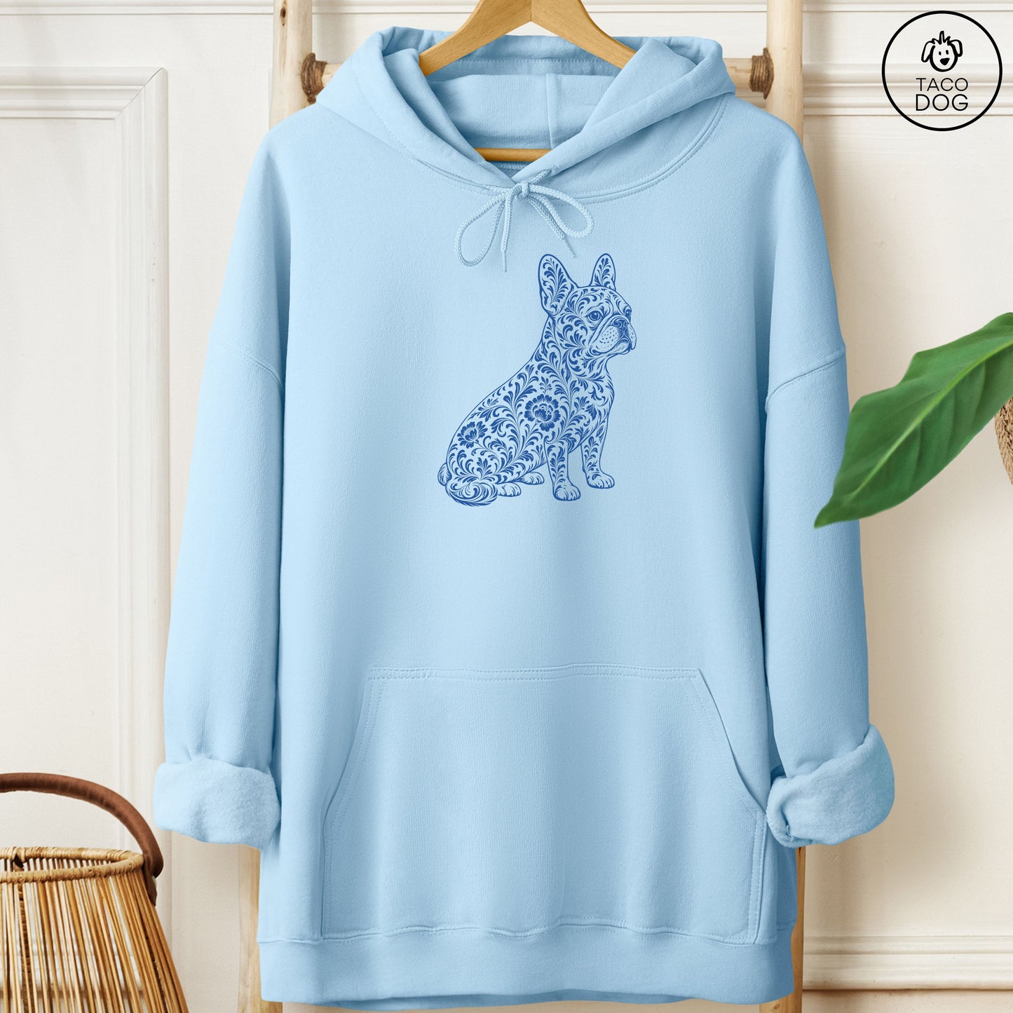French Bulldog Frenchie Toile Hoodie Light Blue Taco-Dog
