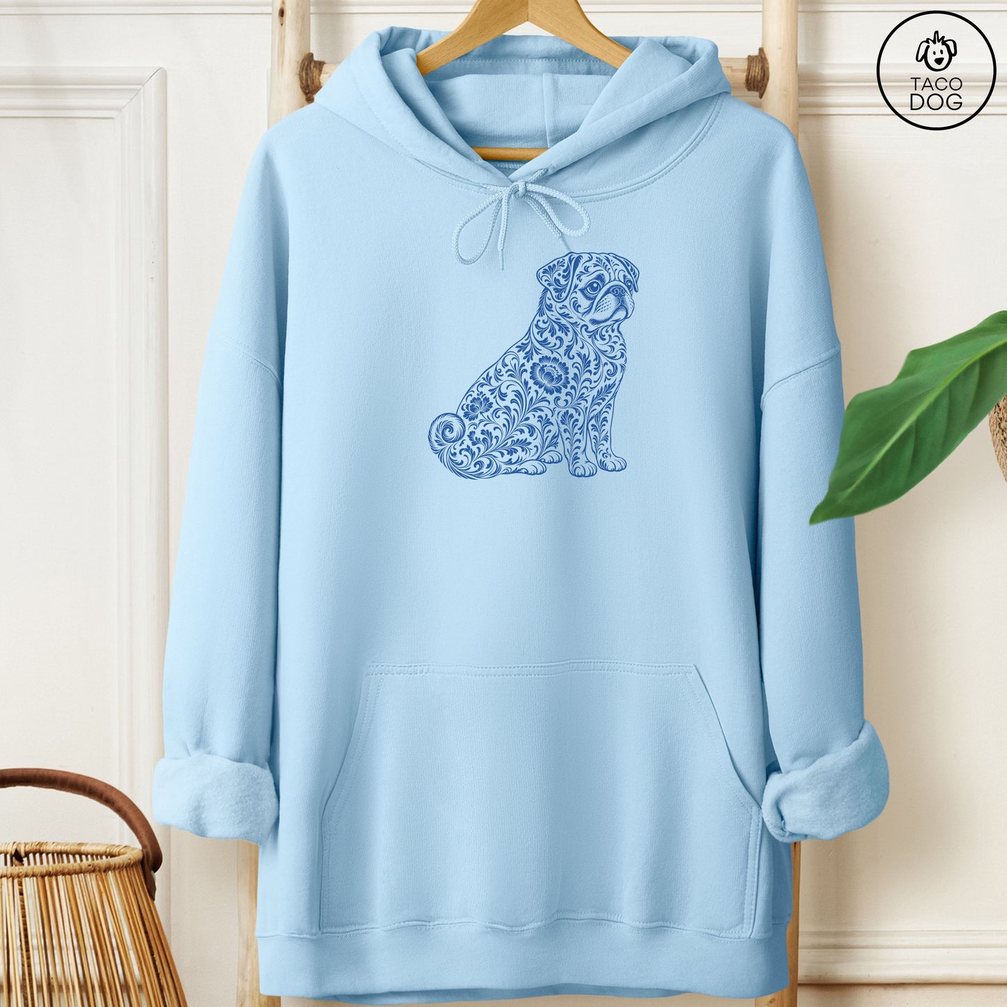 Pug Toile Hoodie Light Blue Taco-Dog