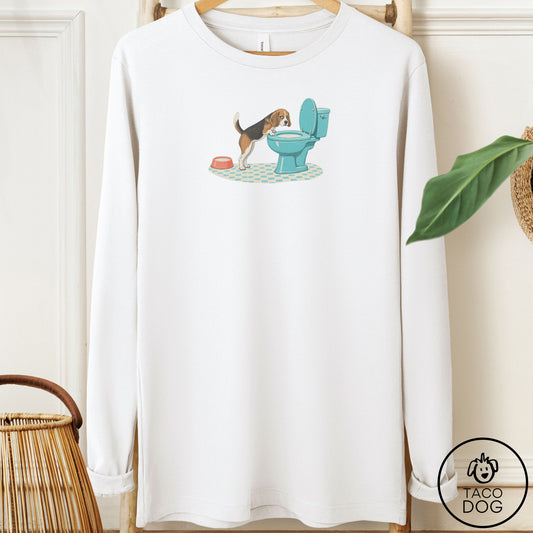 Beagle Toilet Long Sleeve Tee White Taco-Dog