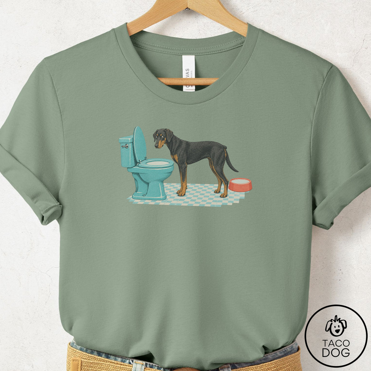 Doberman Toilet T-Shirt Sage Taco-Dog