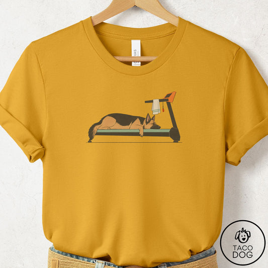 German Shepherd Treadmill T-Shirt Mustard Taco-Dog
