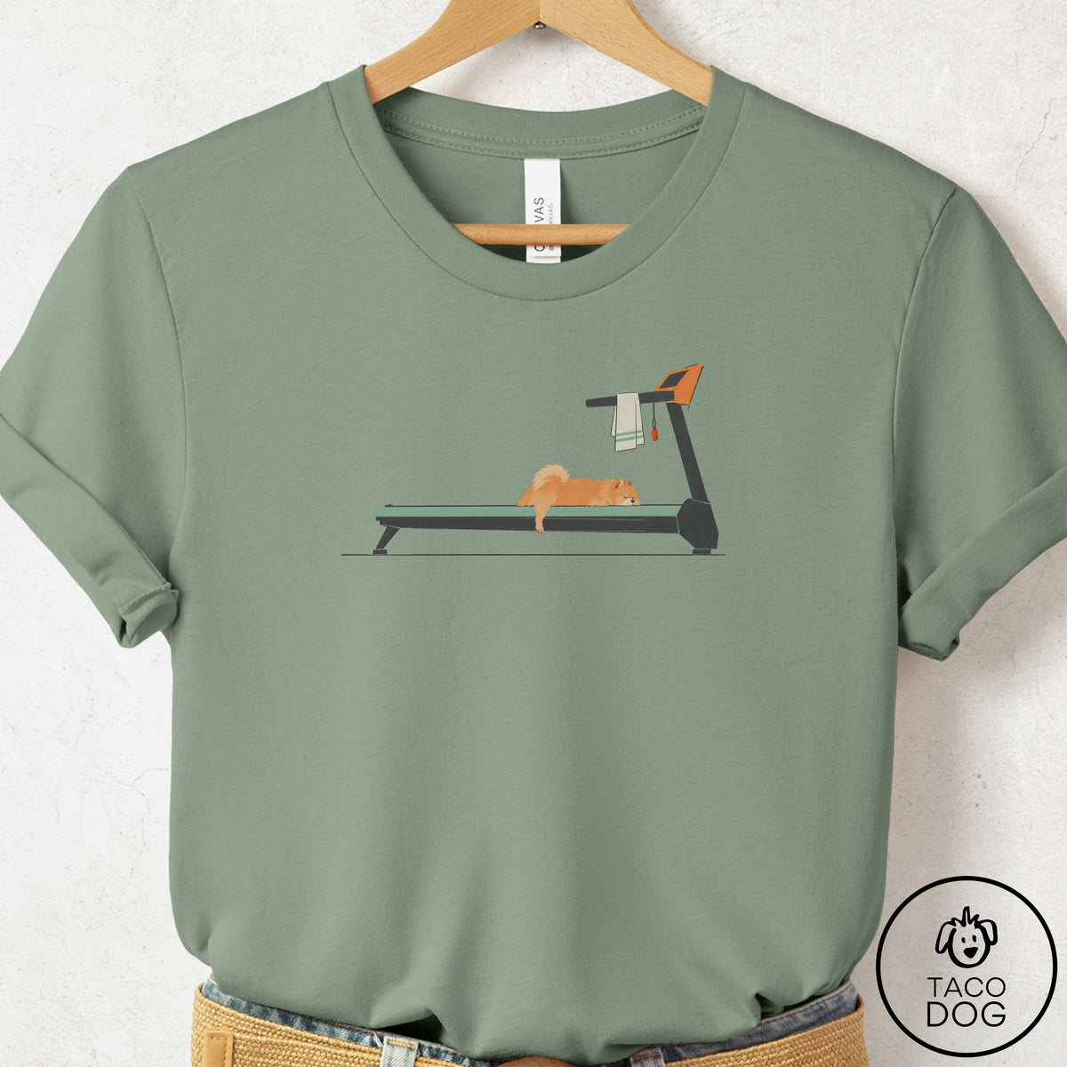 Pomeranian Treadmill T-Shirt Sage Taco-Dog