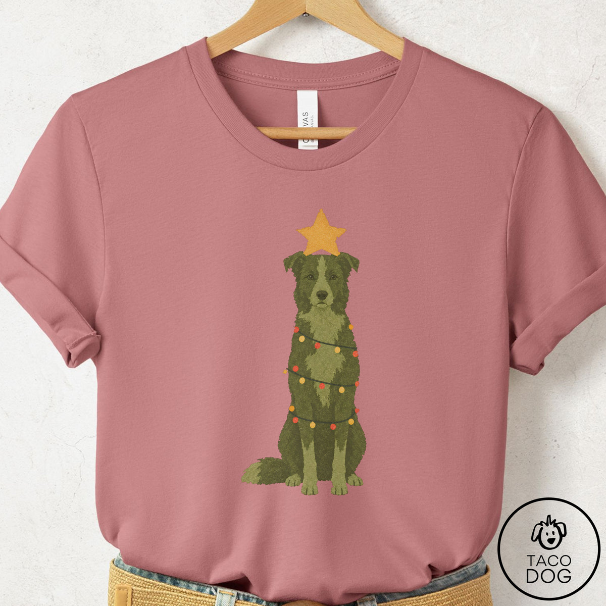 Border Collie Christmas Tree T-Shirt Mauve Taco-Dog