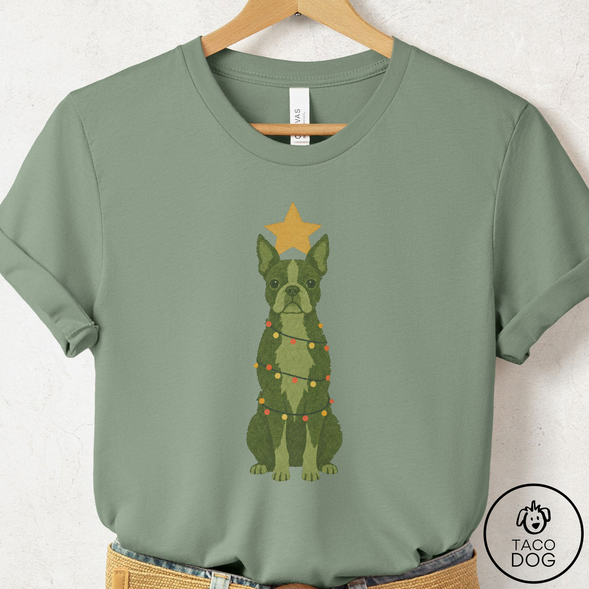 Boston Terrier Christmas Tree T-Shirt Sage Taco-Dog