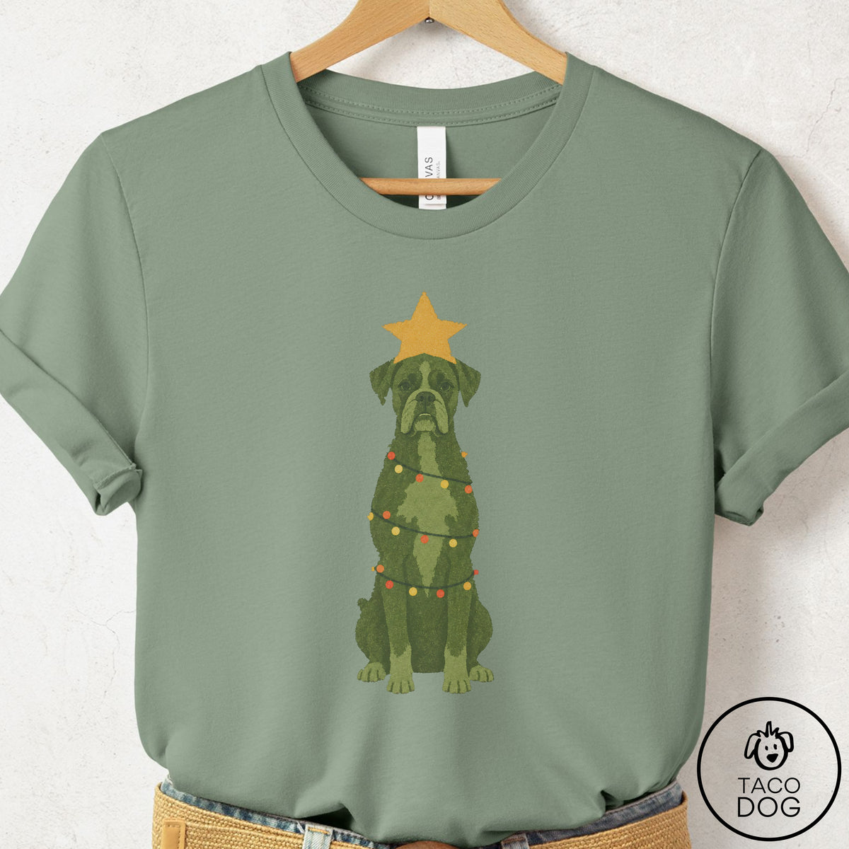 Boxer Christmas Tree T-Shirt Sage Taco-Dog