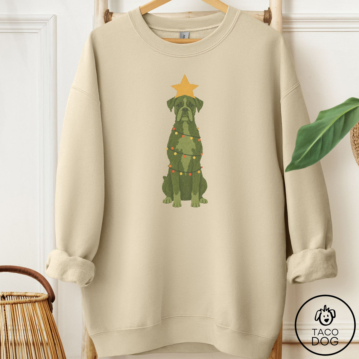 Boxer Christmas Tree Sweatshirt Sand Taco-Dog