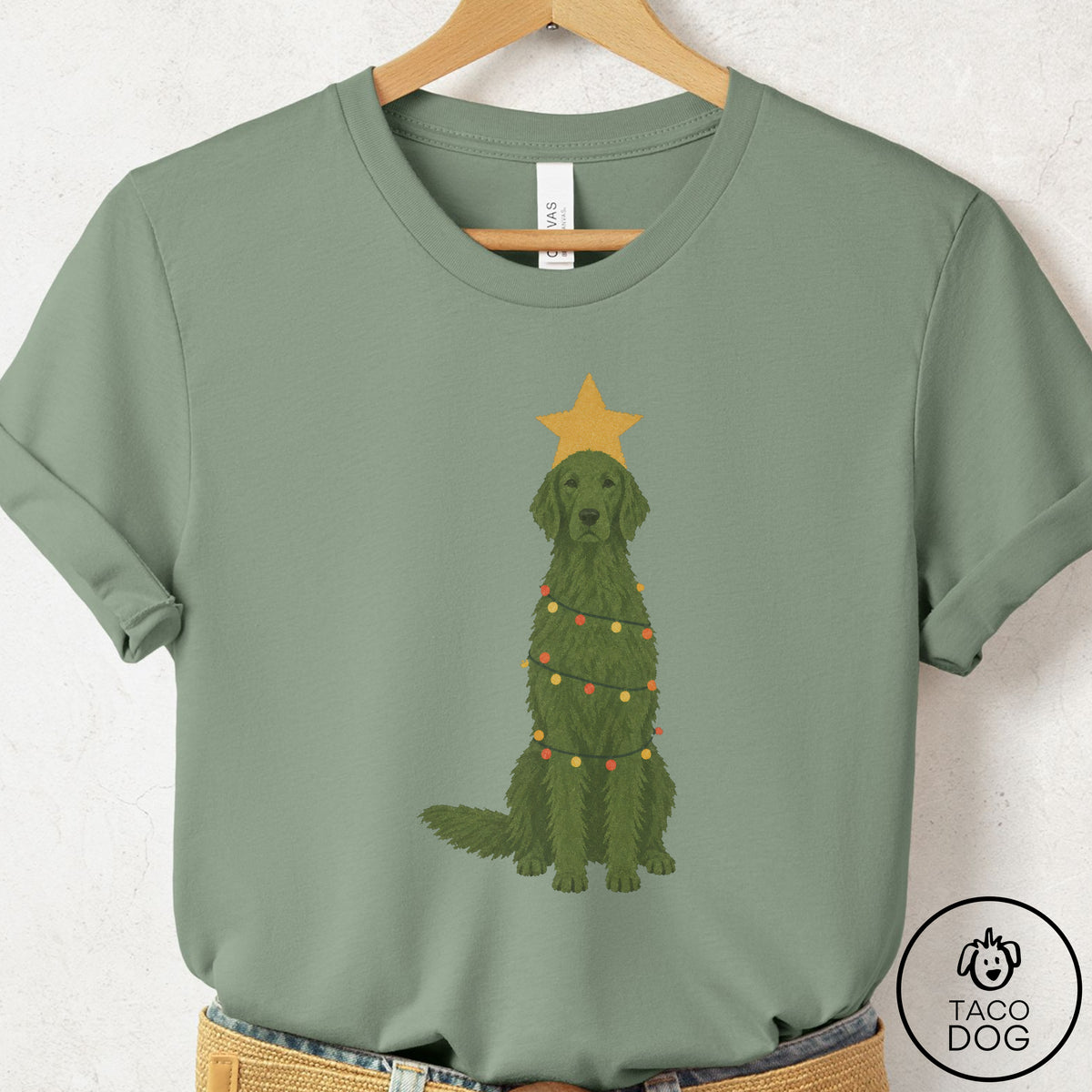 Flat-Coated Retriever Christmas Tree T-Shirt Sage Taco-Dog