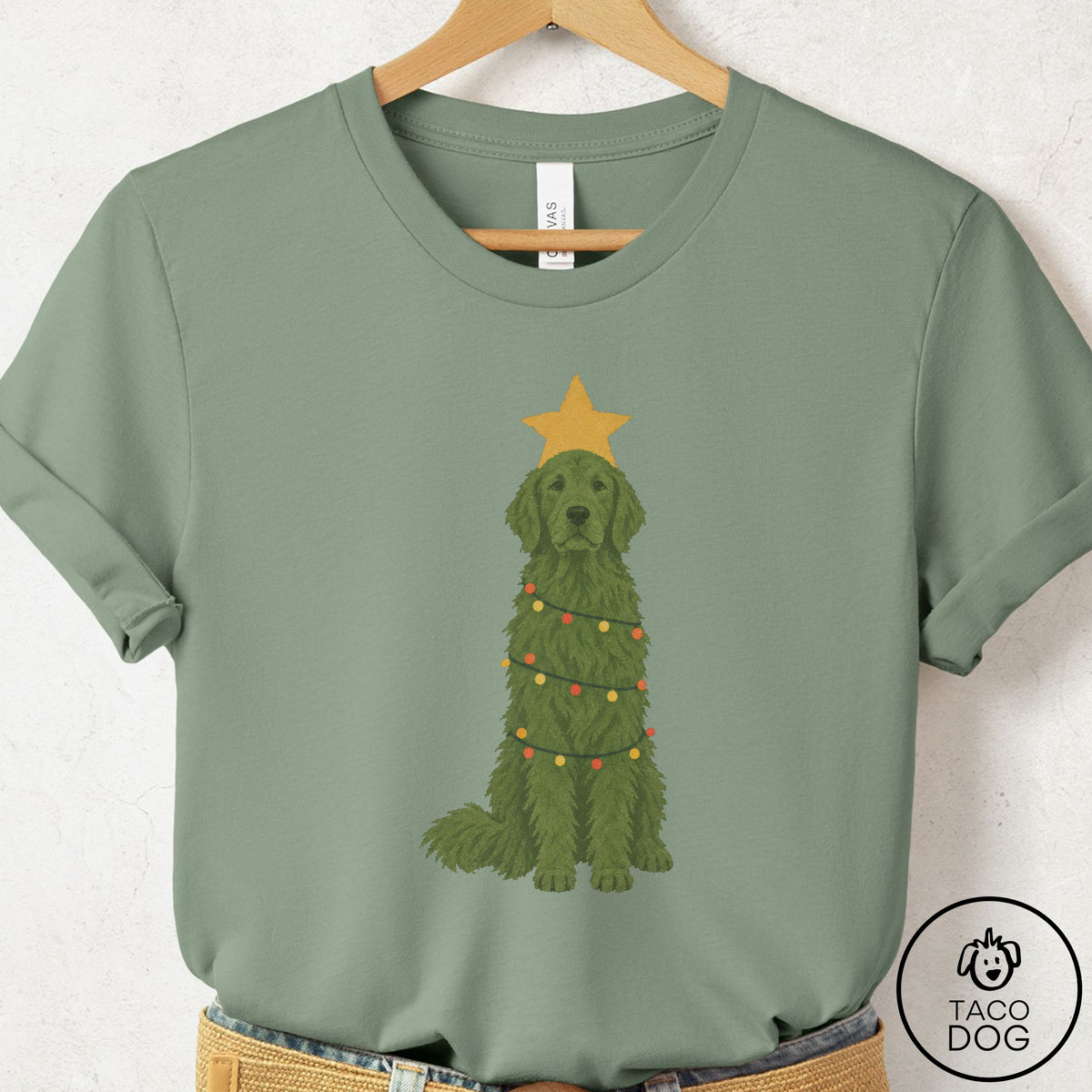 Golden Retriever Christmas Tree T-Shirt Sage Taco-Dog