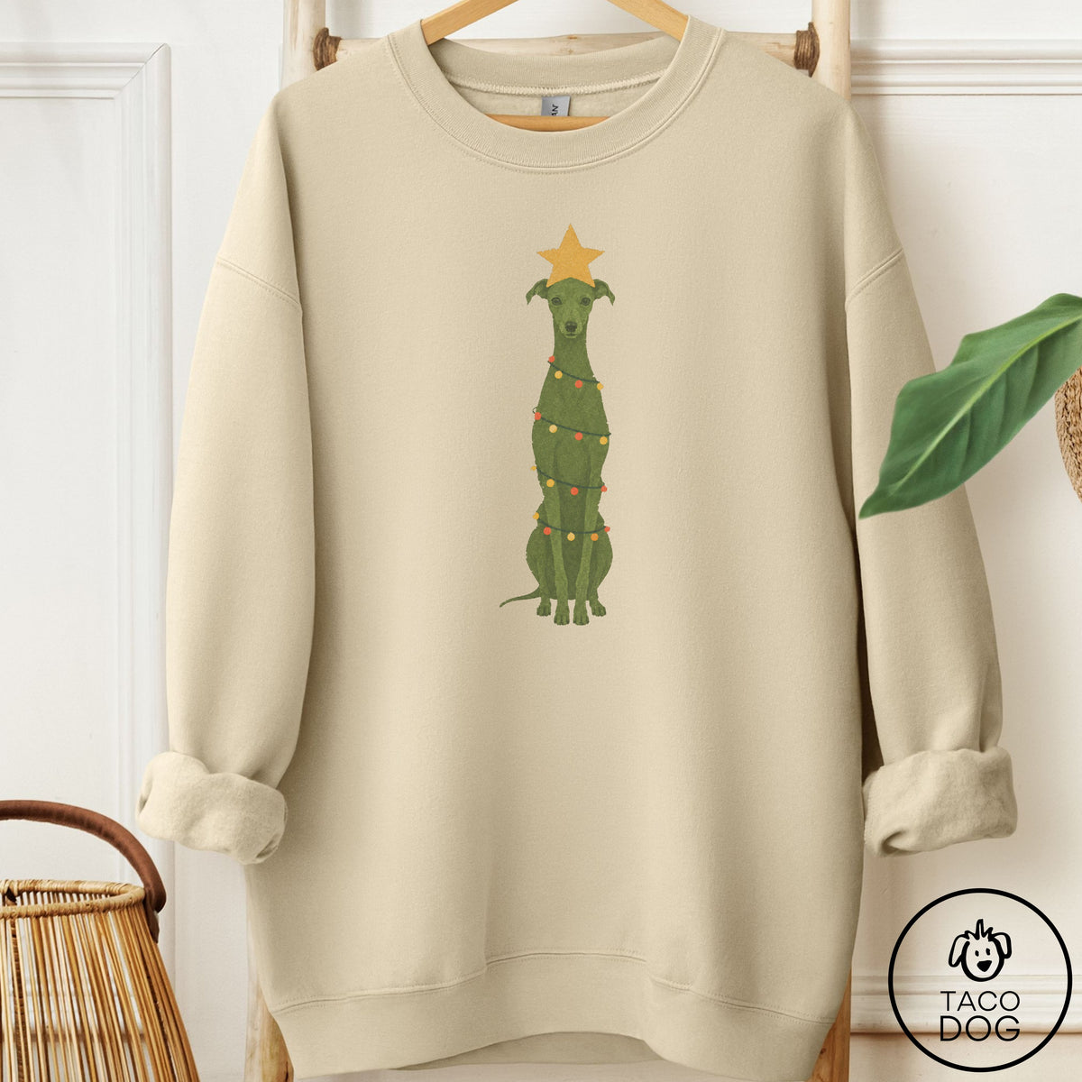 Italian Greyhound Whippet Christmas Tree Sweatshirt Sand Taco-Dog