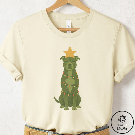 Pitbull Christmas Tree T-Shirt Natural Taco-Dog