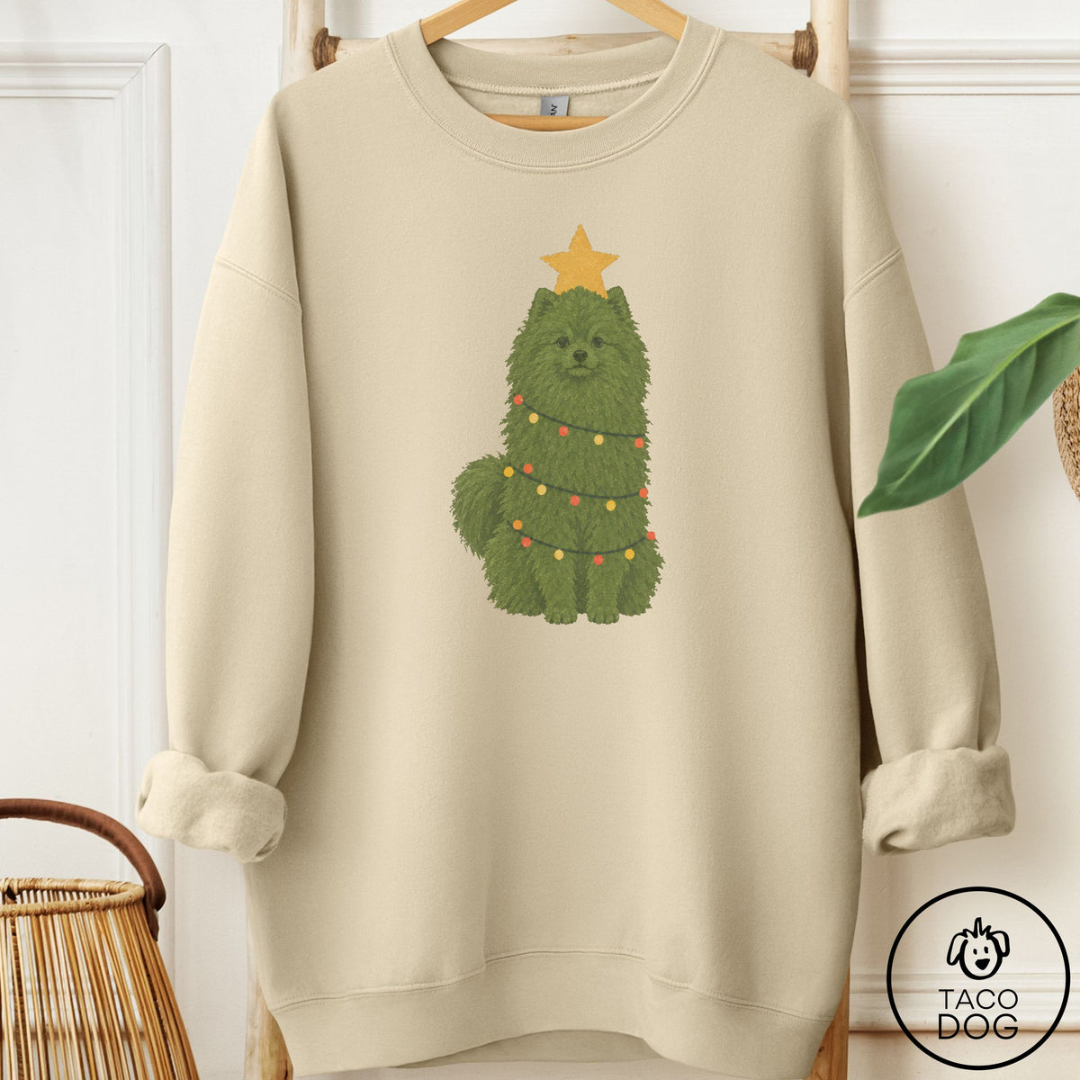 Pomeranian Christmas Tree Sweatshirt Sand Taco-Dog