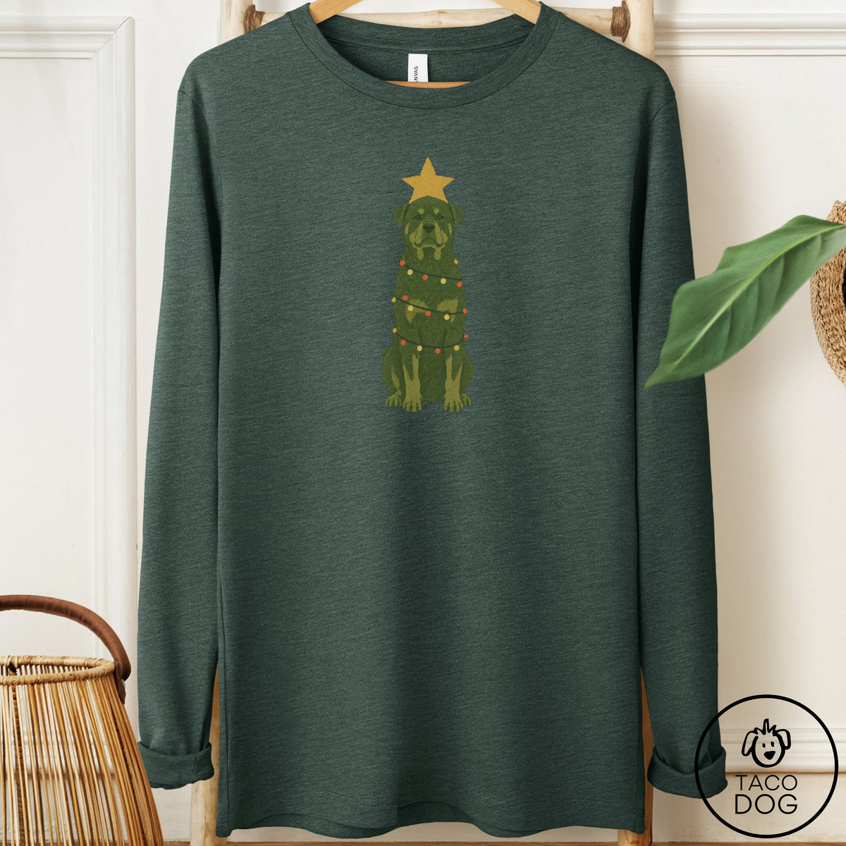 Rottweiler Christmas Tree Long Sleeve Tee Heather Forest Taco-Dog
