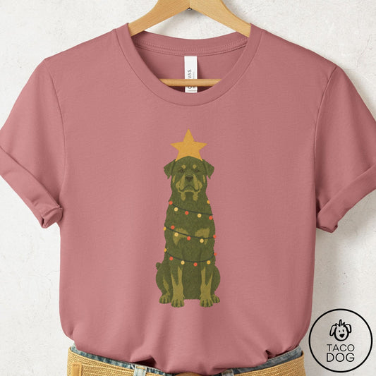 Rottweiler Christmas Tree T-Shirt Mauve Taco-Dog