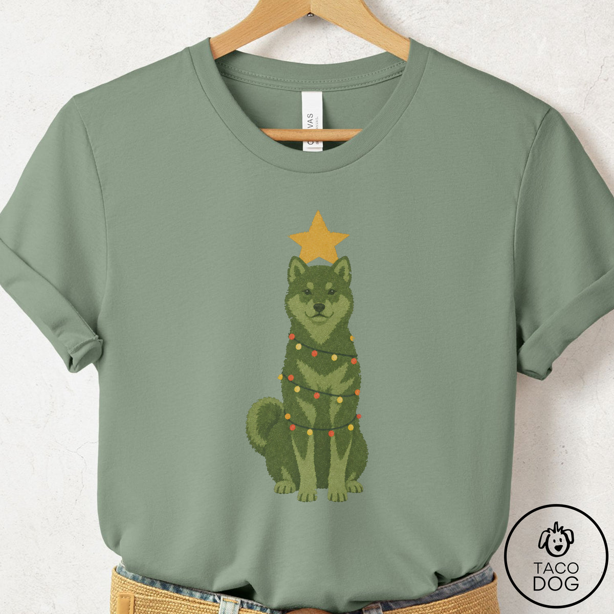 Shiba Inu Christmas Tree T-Shirt Sage Taco-Dog