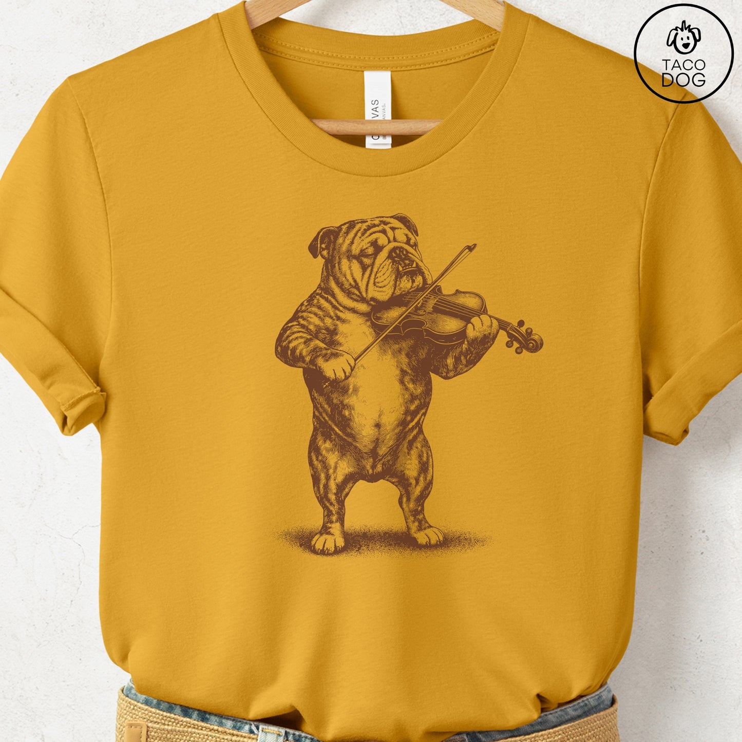 English Bulldog Violin T-Shirt Mustard S Taco-Dog