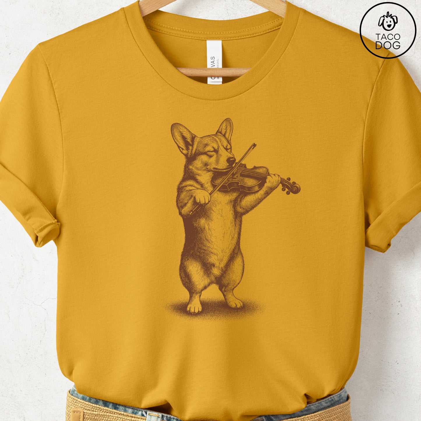 Corgi Violin T-Shirt Mustard S Taco-Dog