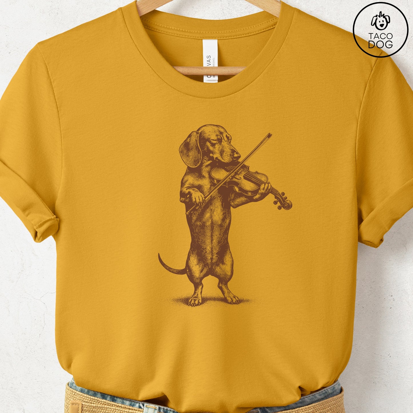 Dachshund Violin T-Shirt Mustard S Taco-Dog