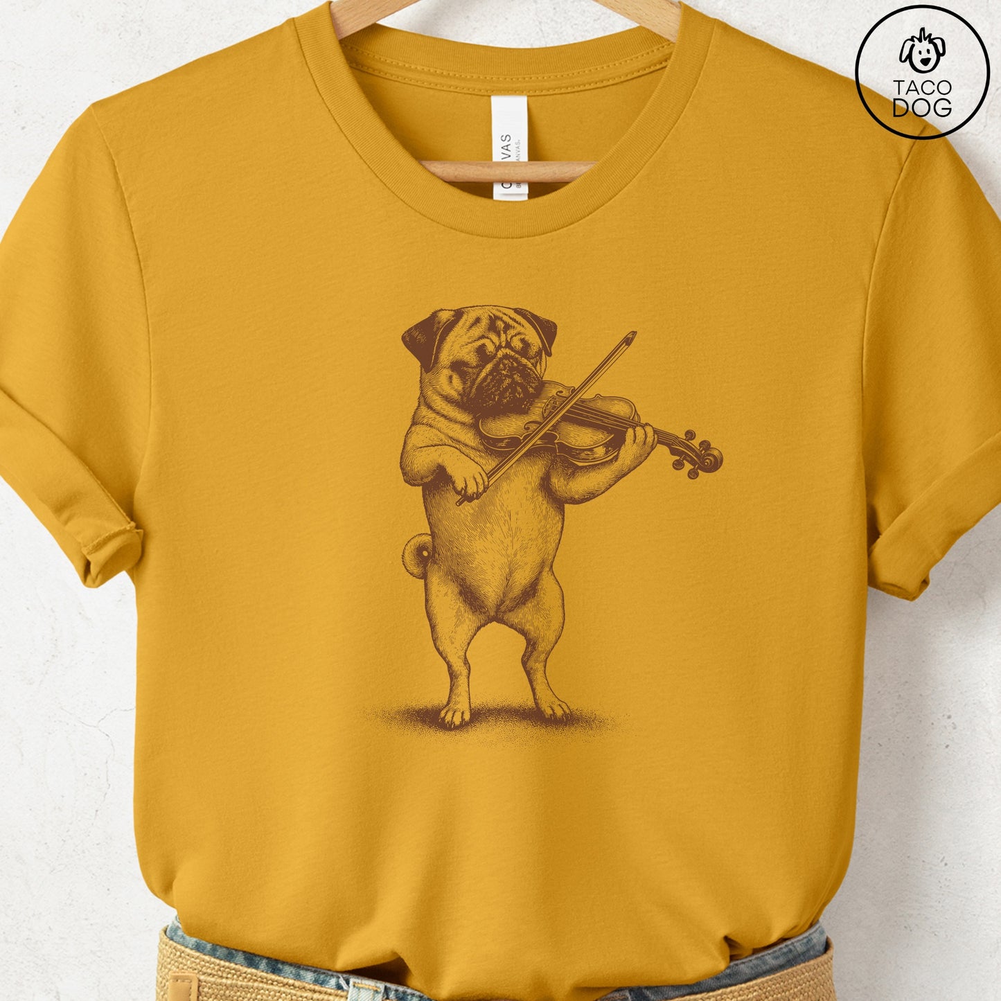 Pug Violin T-Shirt Mustard S Taco-Dog