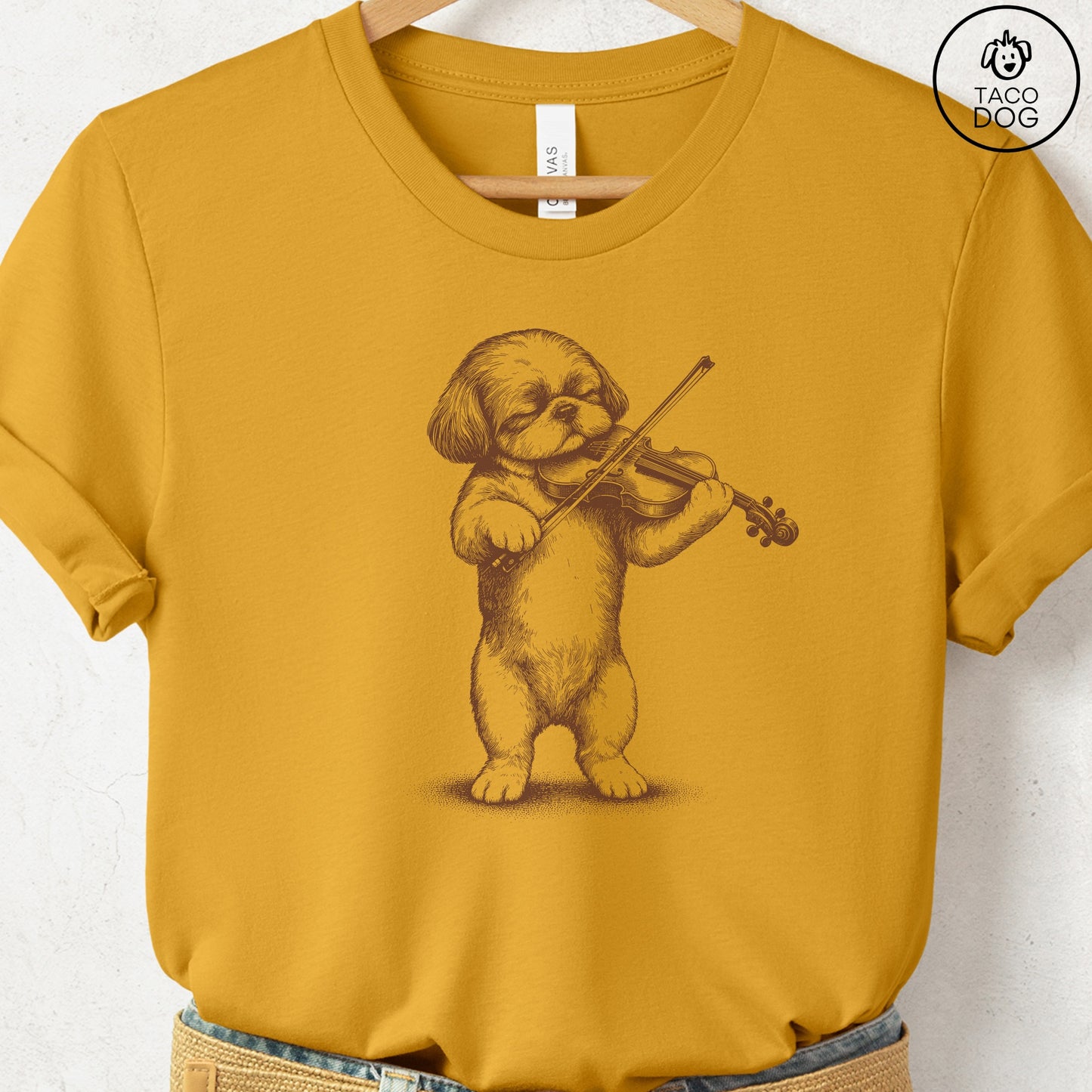 Shih Tzu Violin T-Shirt Mustard S Taco-Dog