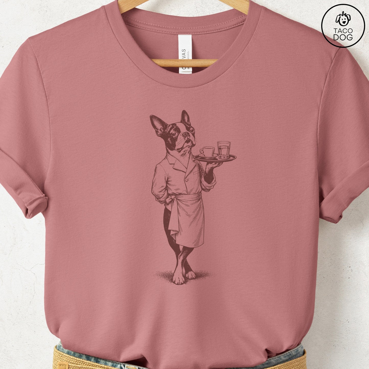 Boston Terrier Waiter T-Shirt Heather Mauve Taco-Dog