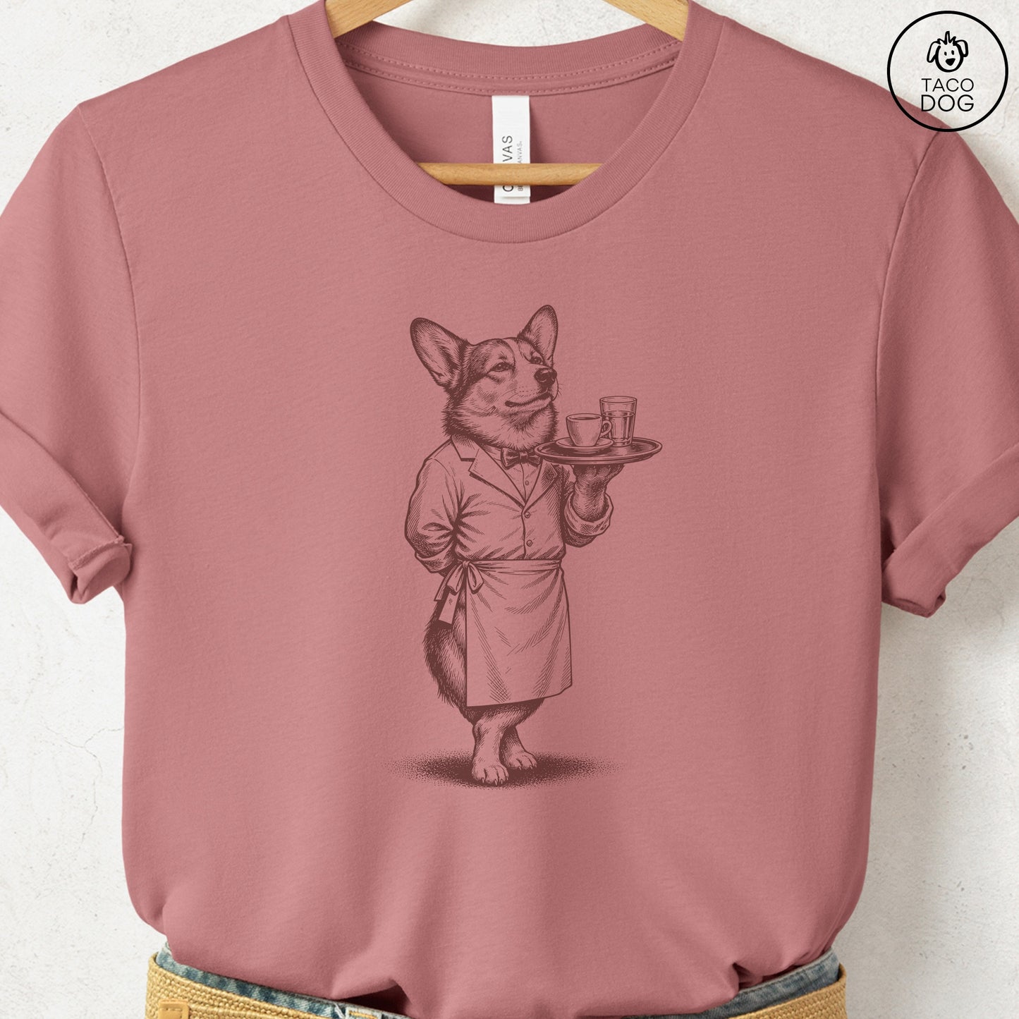 Corgi Waiter T-Shirt Heather Mauve Taco-Dog