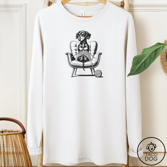 Dachshund Knitting Long Sleeve Tee White Taco-Dog