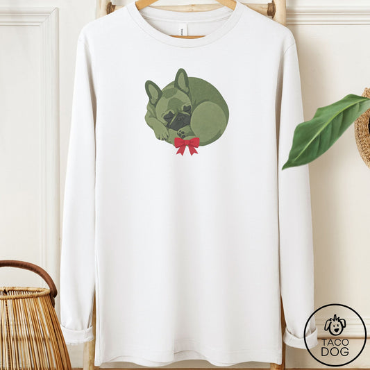 French Bulldog Frenchie Wreath Long Sleeve Tee White Taco-Dog