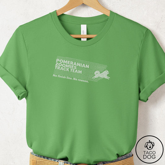 Pomeranian Zoomies Track Team T-Shirt Leaf Taco-Dog