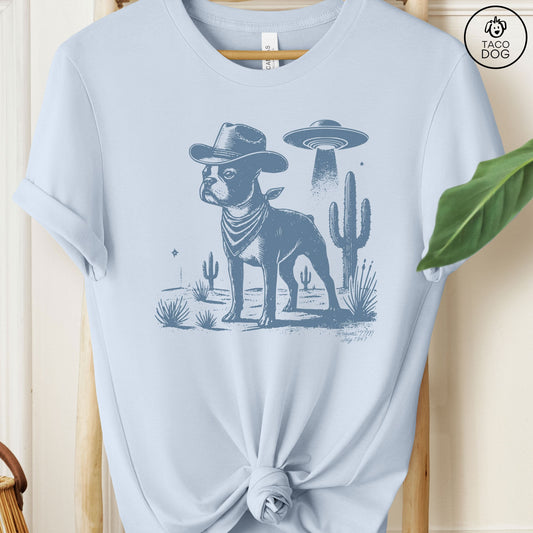 Boston Terrier Cowboy Ink Space UFO T-Shirt Light Blue Taco-Dog